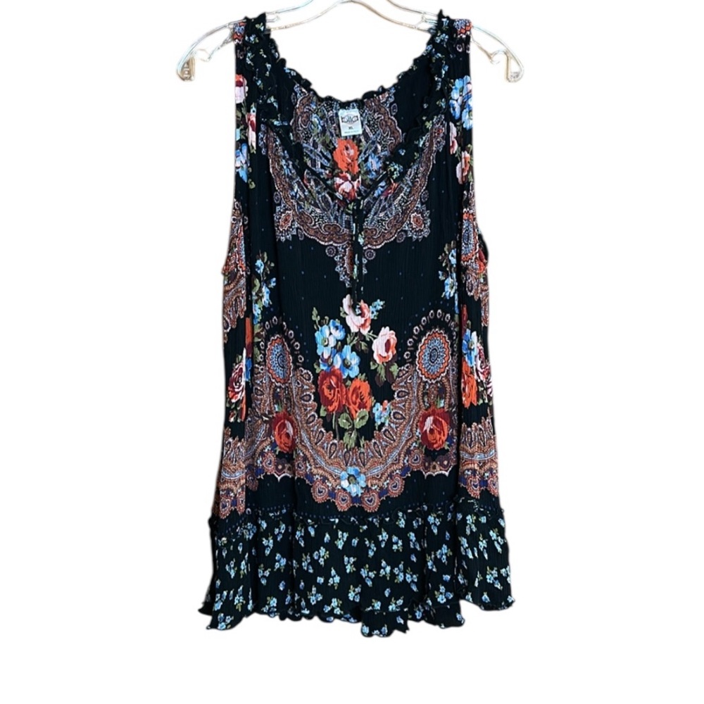Bila Lightweight Floral Tank with Ties at V-Neck. Ruffled Edge Neck & Ruffle Hem